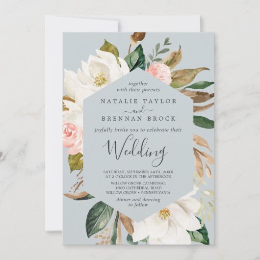 Elegant Magnolia | Blauw grijs huwelijk Kaart (Voorkant)