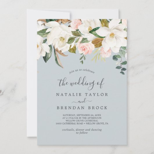 Elegant Magnolia | Blauwe grijs Het huwelijk van Kaart (Voorkant)