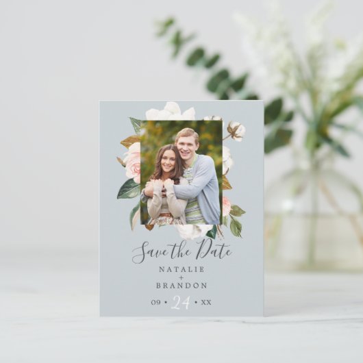 Elegant Magnolia | Blauwe grijze foto slaat de dat Uitnodiging Briefkaart (Staand voorkant)