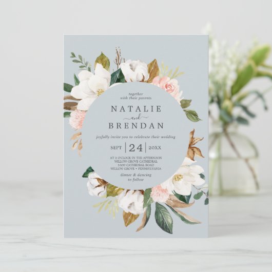 Elegant Magnolia | Blauwe grijze voorzijde en rugh Kaart (Staand voorkant)