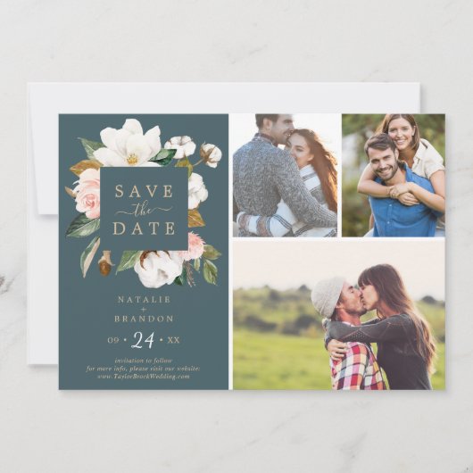 Elegant Magnolia | Blauwgroen 3 Foto-collage Save The Date (Voorkant)