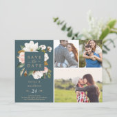 Elegant Magnolia | Blauwgroen 3 Foto-collage Save The Date (Staand voorkant)