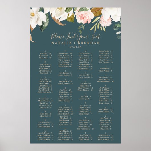 Elegant Magnolia Blauwgroen Alfabetische Zitkast Poster (Voorkant)