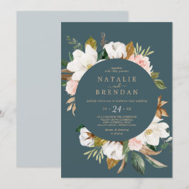 Elegant Magnolia | Blauwgroen en wit Casual huweli Kaart