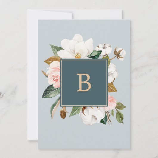 Elegant Magnolia | Blauwgroen en wit de bruiloft v Kaart (Achterkant)