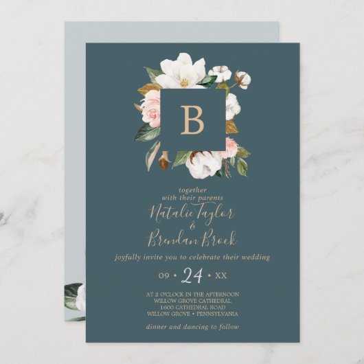 Elegant Magnolia | Blauwgroen en wit in één bruilo Kaart (Voorkant / Achterkant)