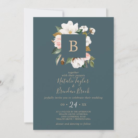 Elegant Magnolia | Blauwgroen en wit monogram huwe Kaart (Voorkant)