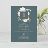 Elegant Magnolia | Blauwgroen en wit monogram huwe Kaart (Staand voorkant)