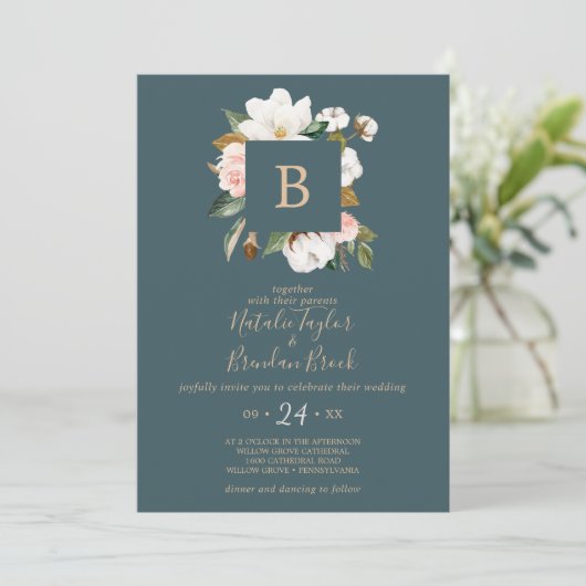 Elegant Magnolia | Blauwgroen en wit monogram huwe Kaart (Staand voorkant)