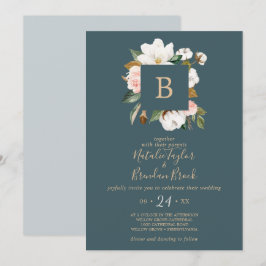 Elegant Magnolia | Blauwgroen en wit monogram huwe Kaart