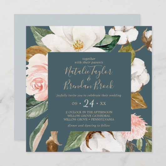 Elegant Magnolia | Blauwgroen en witte bruiloft Kaart (Voorkant / Achterkant)