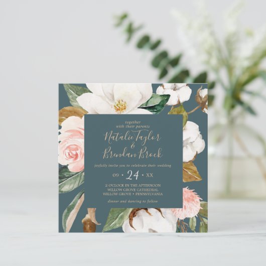 Elegant Magnolia | Blauwgroen en witte bruiloft Kaart (Staand voorkant)