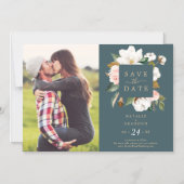 Elegant Magnolia | Blauwgroen foto slaat de datum  Magnetische Uitnodiging (Voorkant)