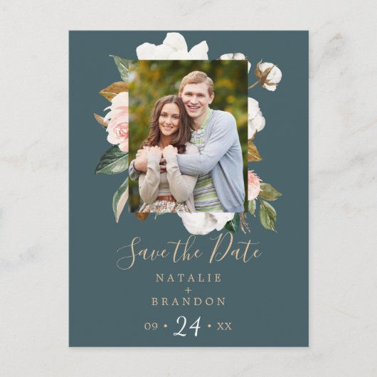 Elegant Magnolia | Blauwgroen foto slaat de datum Uitnodiging Briefkaart (Voorkant)