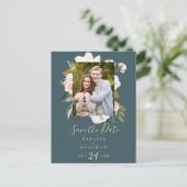 Elegant Magnolia | Blauwgroen foto slaat de datum  Uitnodiging Briefkaart (Staand voorkant)