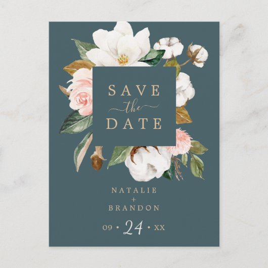 Elegant Magnolia | Blauwgroen sparen het Briefkaar Uitnodiging Briefkaart (Voorkant)