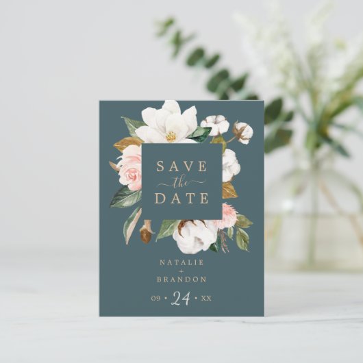 Elegant Magnolia | Blauwgroen sparen het Briefkaar Uitnodiging Briefkaart (Staand voorkant)
