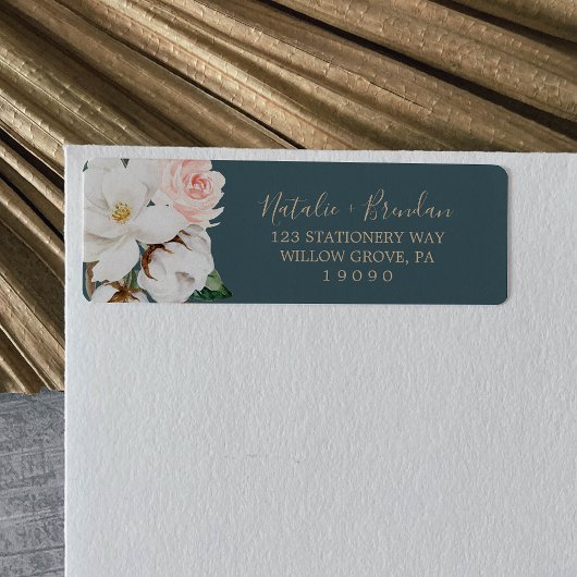 Elegant Magnolia Blauwgroen & White Return Address Etiket