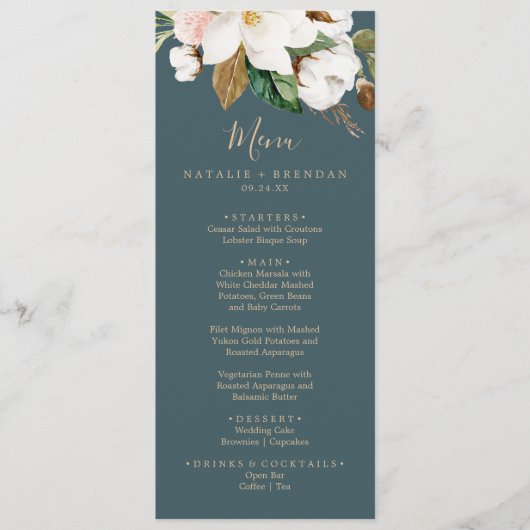 Elegant Magnolia Blauwgroen & White Weddenrenmenu Menu (Voorkant)