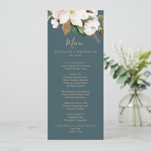 Elegant Magnolia Blauwgroen & White Weddenrenmenu Menu (Staand voorkant)