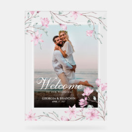 Elegant Magnolia Bloem Foto Bruiloft Welkom  Acryl Bord