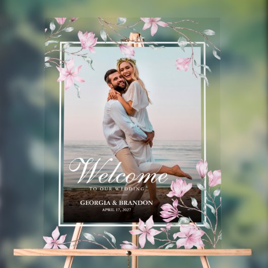 Elegant Magnolia Bloem Foto Bruiloft Welkom  Acryl Bord (Neutraal)