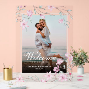 Elegant Magnolia Bloem Foto Bruiloft Welkom  Acryl Bord