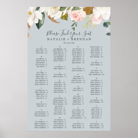 Elegant Magnolia Blue Alfabetical Seat Chart Poster (Voorkant)