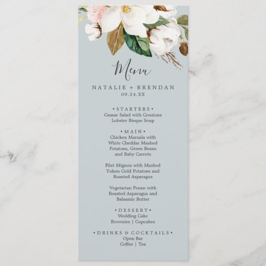 Elegant Magnolia Blue Gray Weddenrenmenu Menu (Voorkant)