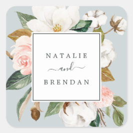 Elegant Magnolia Blue Gray Wedding Envelope Seals Vierkante Sticker