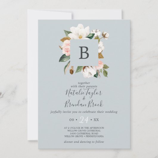 Elegant Magnolia Blue Grey in één bruiloft Kaart (Voorkant)