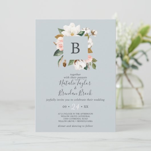 Elegant Magnolia Blue Grey in één bruiloft Kaart (Staand voorkant)