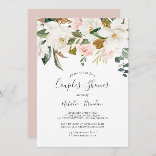 Elegant Magnolia | Blush Couples-douche Kaart (Voorkant / Achterkant)