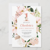 Elegant Magnolia Blush Pink Floral First Birthday Kaart (Voorkant)