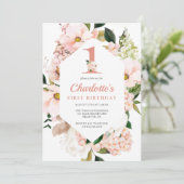 Elegant Magnolia Blush Pink Floral First Birthday Kaart (Staand voorkant)