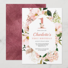 Elegant Magnolia Blush Pink Floral First Birthday