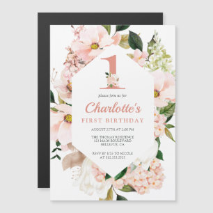 Elegant Magnolia Blush Pink Floral First Birthday Magnetische Uitnodiging