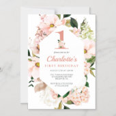 Elegant Magnolia Blush Pink Floral First Birthday Magnetische Uitnodiging (Voorkant)