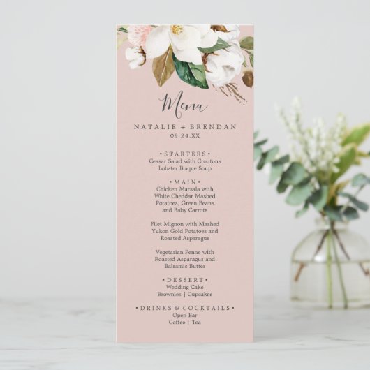Elegant Magnolia | Blush Pink Weddenrenmenu Menu (Staand voorkant)