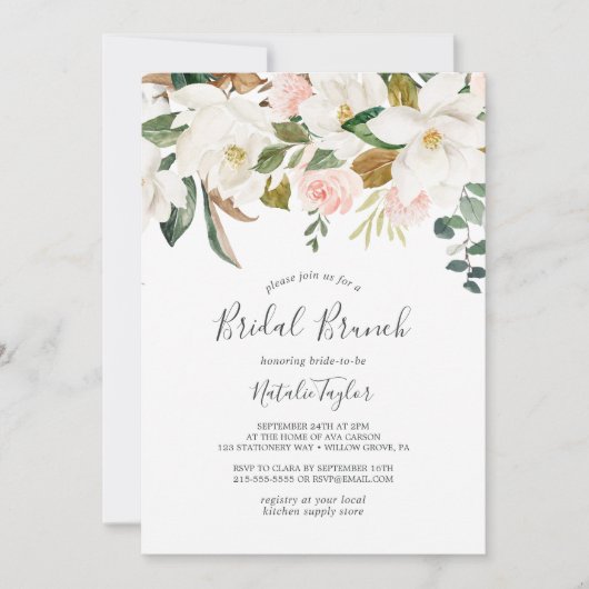 Elegant Magnolia | Bridal Brunch, wit en zwart Kaart (Voorkant)