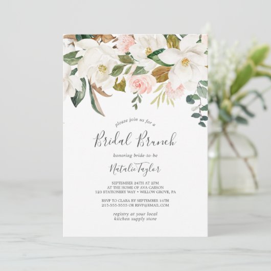 Elegant Magnolia | Bridal Brunch, wit en zwart Kaart (Staand voorkant)