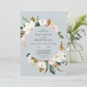 Elegant Magnolia | Casual blauwe grijze bruiloft Kaart (Staand voorkant)