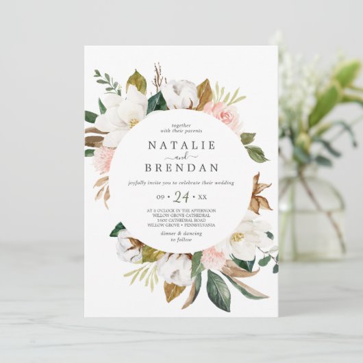 Elegant Magnolia | Casual bruiloft met witte en zw Kaart (Staand voorkant)