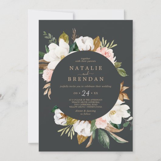 Elegant Magnolia | Casual zwart-withuwelijk Kaart (Voorkant)