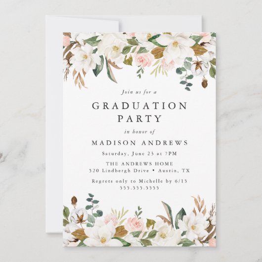 Elegant Magnolia en Blush Floral Graduation Party Kaart (Voorkant)