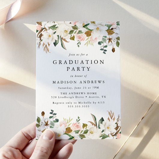 Elegant Magnolia en Blush Floral Graduation Party Kaart