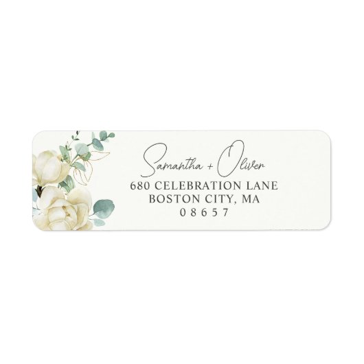 Elegant Magnolia Eucalyptus Script Retouradres Etiket (Voorkant)