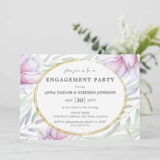 Elegant Magnolia Floral Engagement Party Kaart (Staand voorkant)