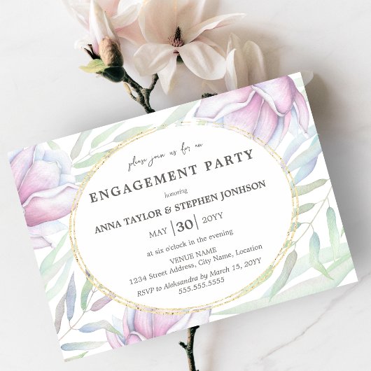 Elegant Magnolia Floral Engagement Party Kaart