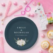 elegant magnolia floral navy blue bruiloft papieren bordje (Feest)